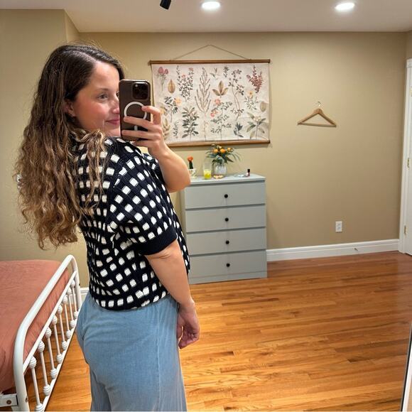 Ann Taylor Navy Blue White Checker Short Sleeve Knit Sweater Top Large - Picture 3 of 7